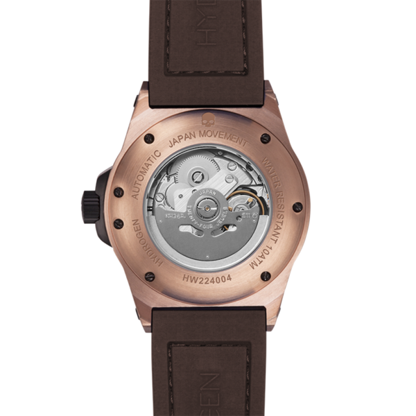Watch with brown leather strap and visible mechanical components on a white background