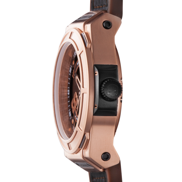 Rose gold watch with a detailed case on a white background