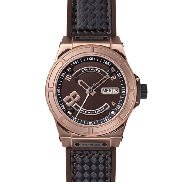 Rose gold watch with brown strap on a white background