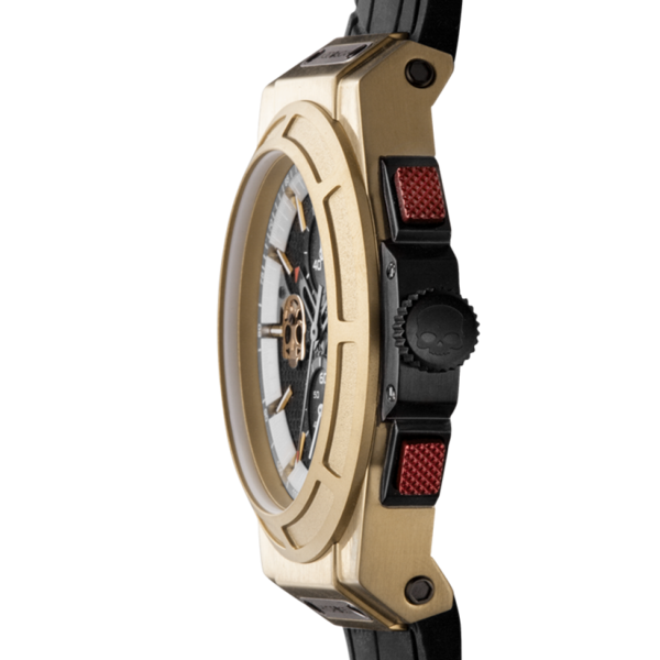 Gold watch with black and red accents on a white background