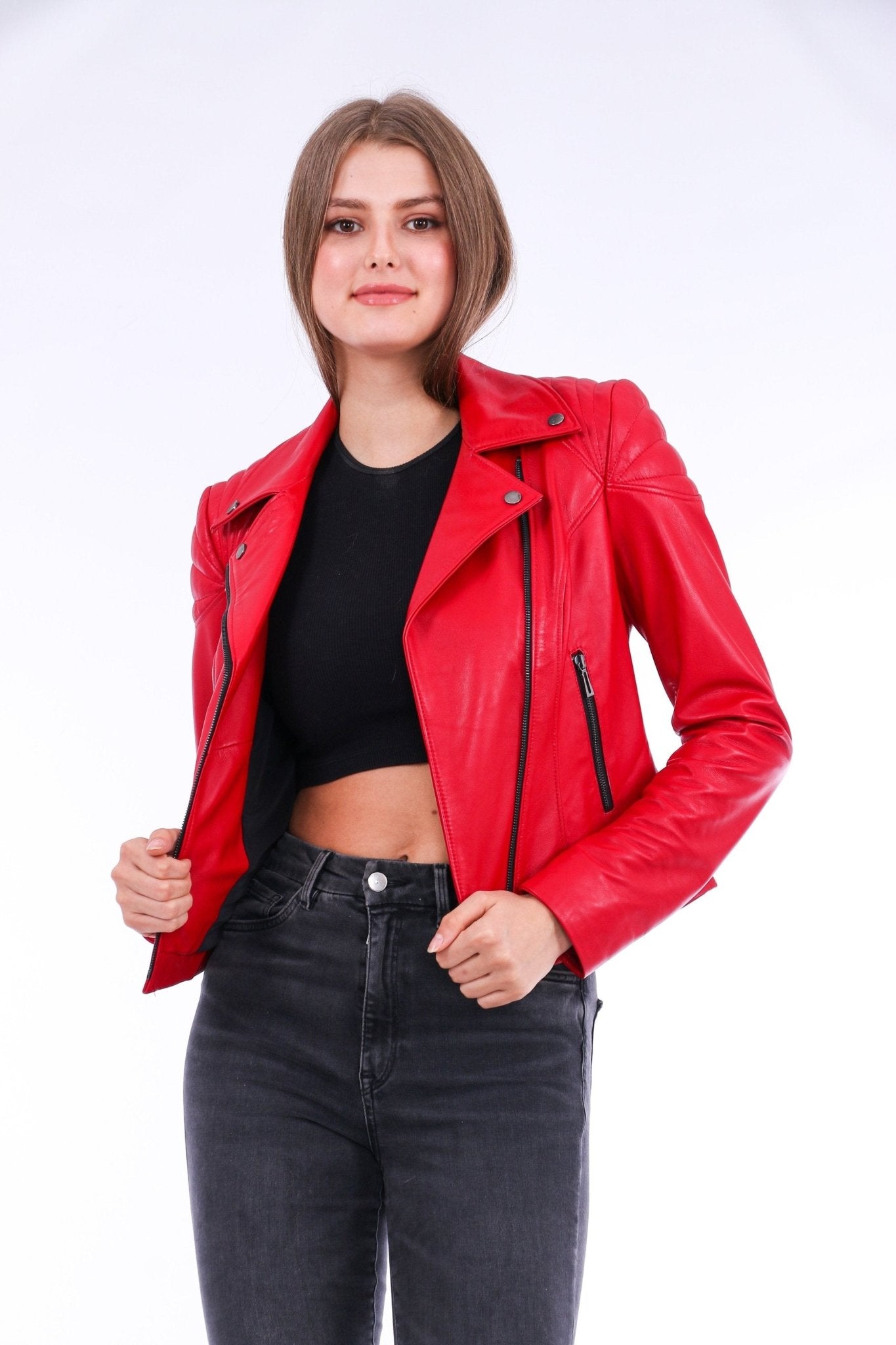 Palomi Red Leather Biker Jacket - Genuine Nappa Lambskin Motorcycle Jacket - Style Queenz