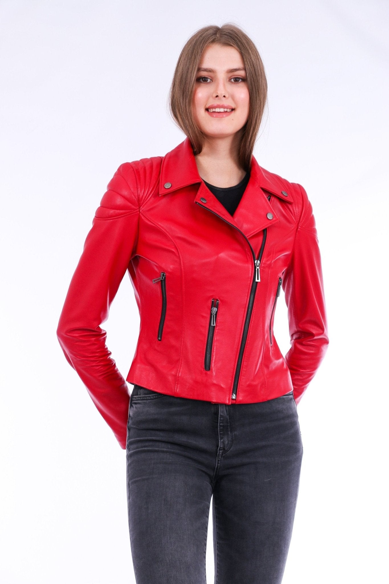 Palomi Red Leather Biker Jacket - Genuine Nappa Lambskin Motorcycle Jacket - Style Queenz