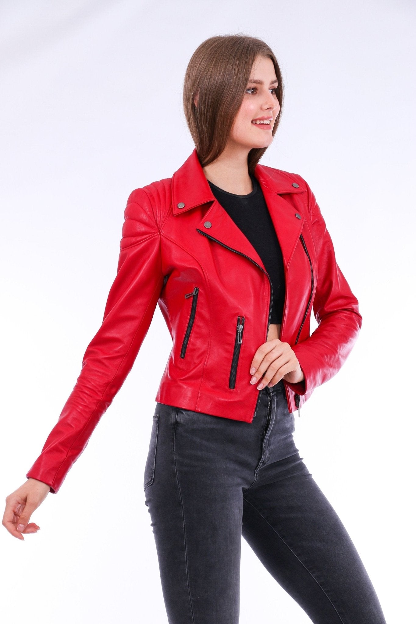 Palomi Red Leather Biker Jacket - Genuine Nappa Lambskin Motorcycle Jacket - Style Queenz