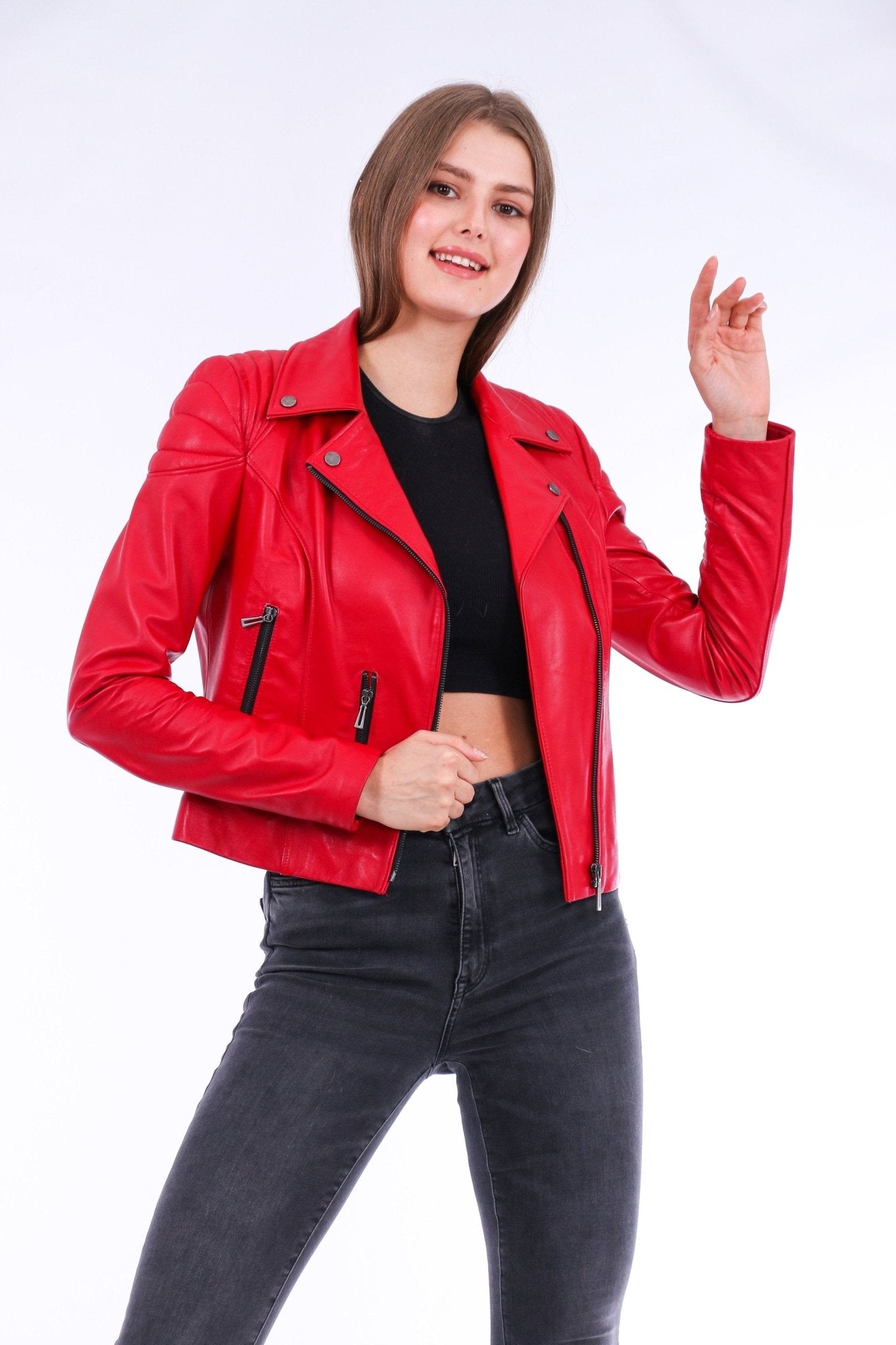 Palomi Red Leather Biker Jacket - Genuine Nappa Lambskin Motorcycle Jacket - Style Queenz