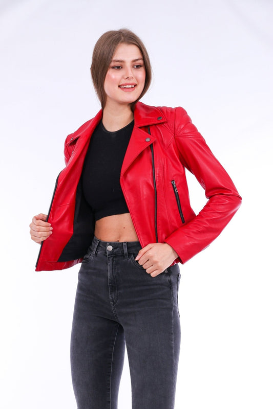 Palomi Red Leather Biker Jacket - Genuine Nappa Lambskin Motorcycle Jacket - Style Queenz