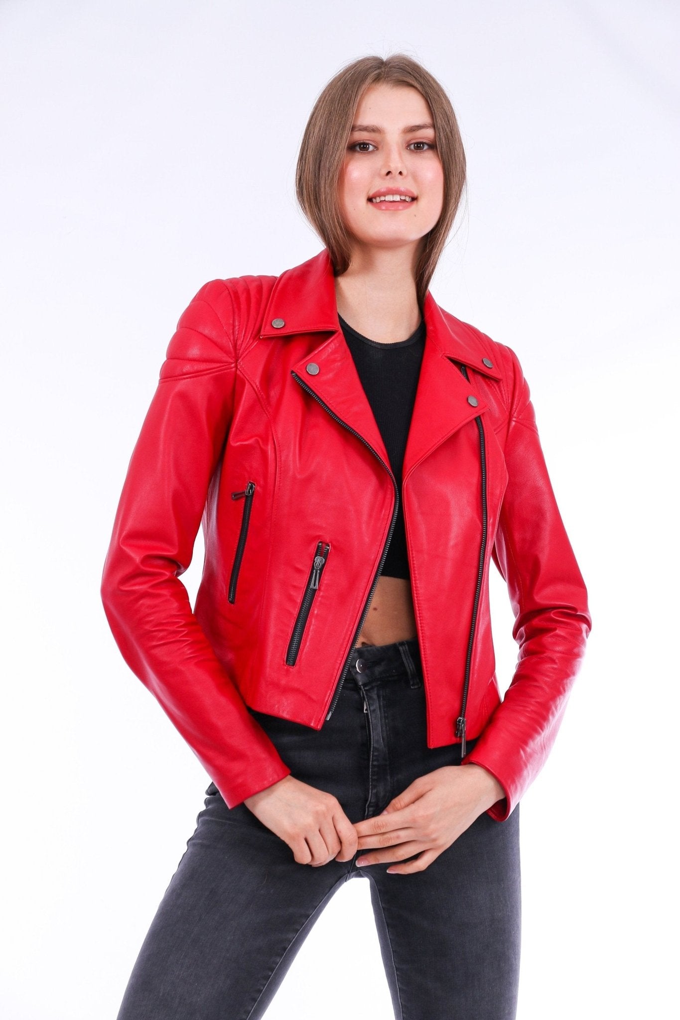 Palomi Red Leather Biker Jacket - Genuine Nappa Lambskin Motorcycle Jacket - Style Queenz