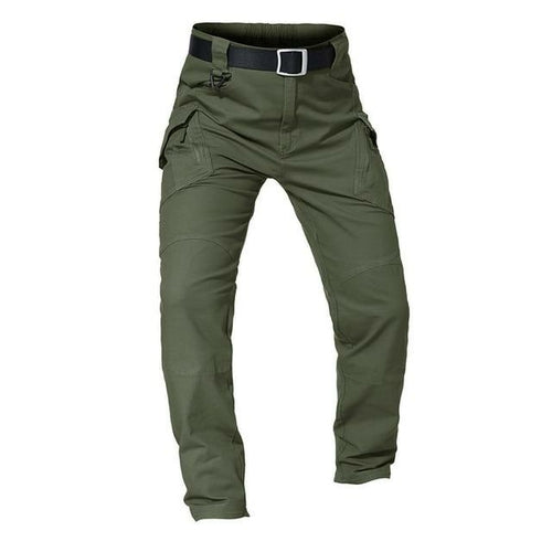Green tactical pants with a belt on a white background