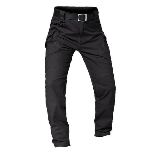 Black tactical pants with a belt on a white background