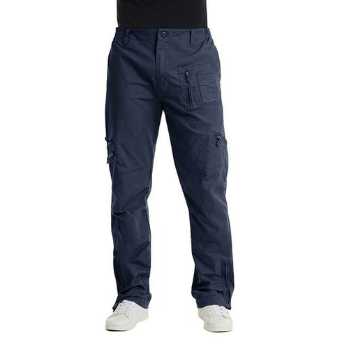 Navy blue cargo pants on a white background