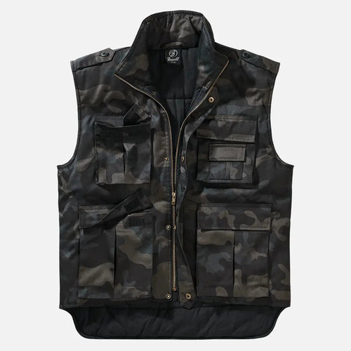 Camouflage vest with multiple pockets on a light gray background