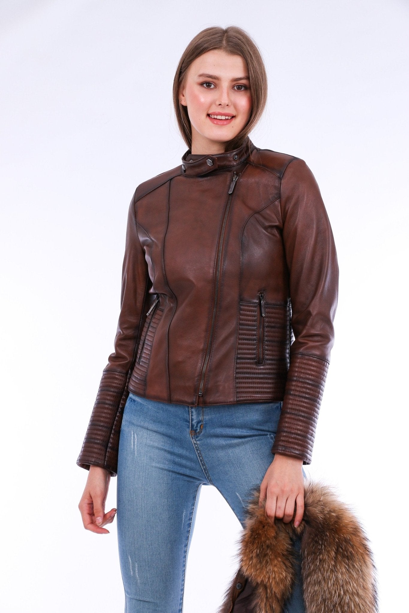 Ravenna Brown Leather Biker Jacket - Premium Nappa Lambskin Women's Motorcycle Jacket - Style Queenz