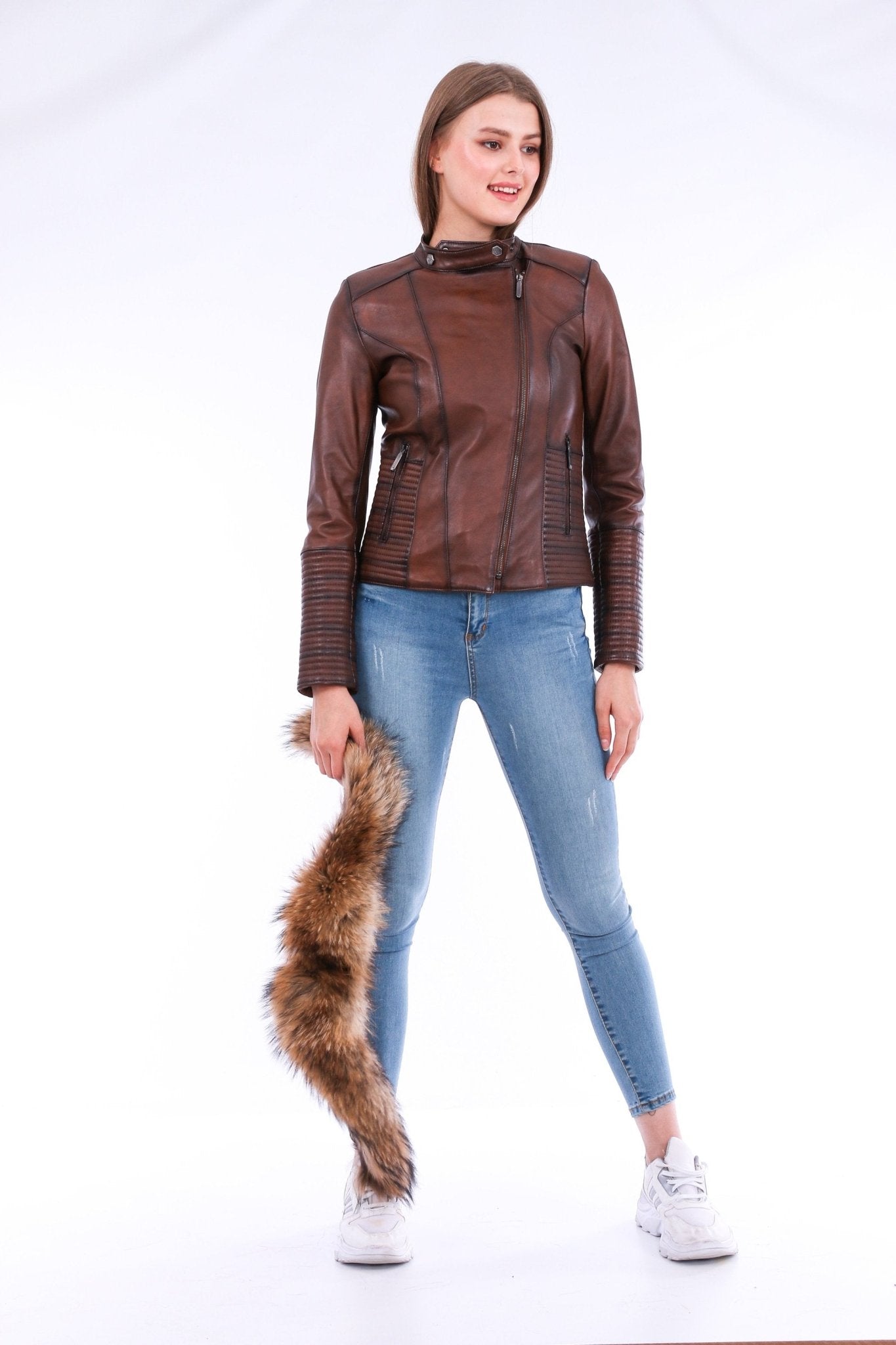 Ravenna Brown Leather Biker Jacket - Premium Nappa Lambskin Women's Motorcycle Jacket - Style Queenz