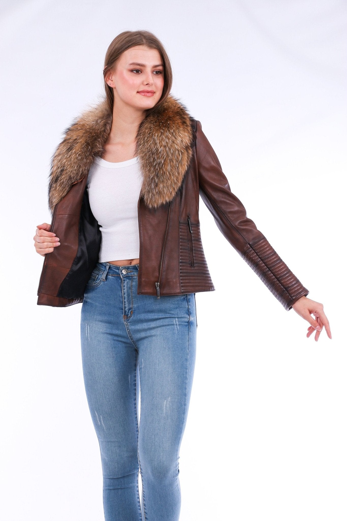 Ravenna Brown Leather Biker Jacket - Premium Nappa Lambskin Women's Motorcycle Jacket - Style Queenz