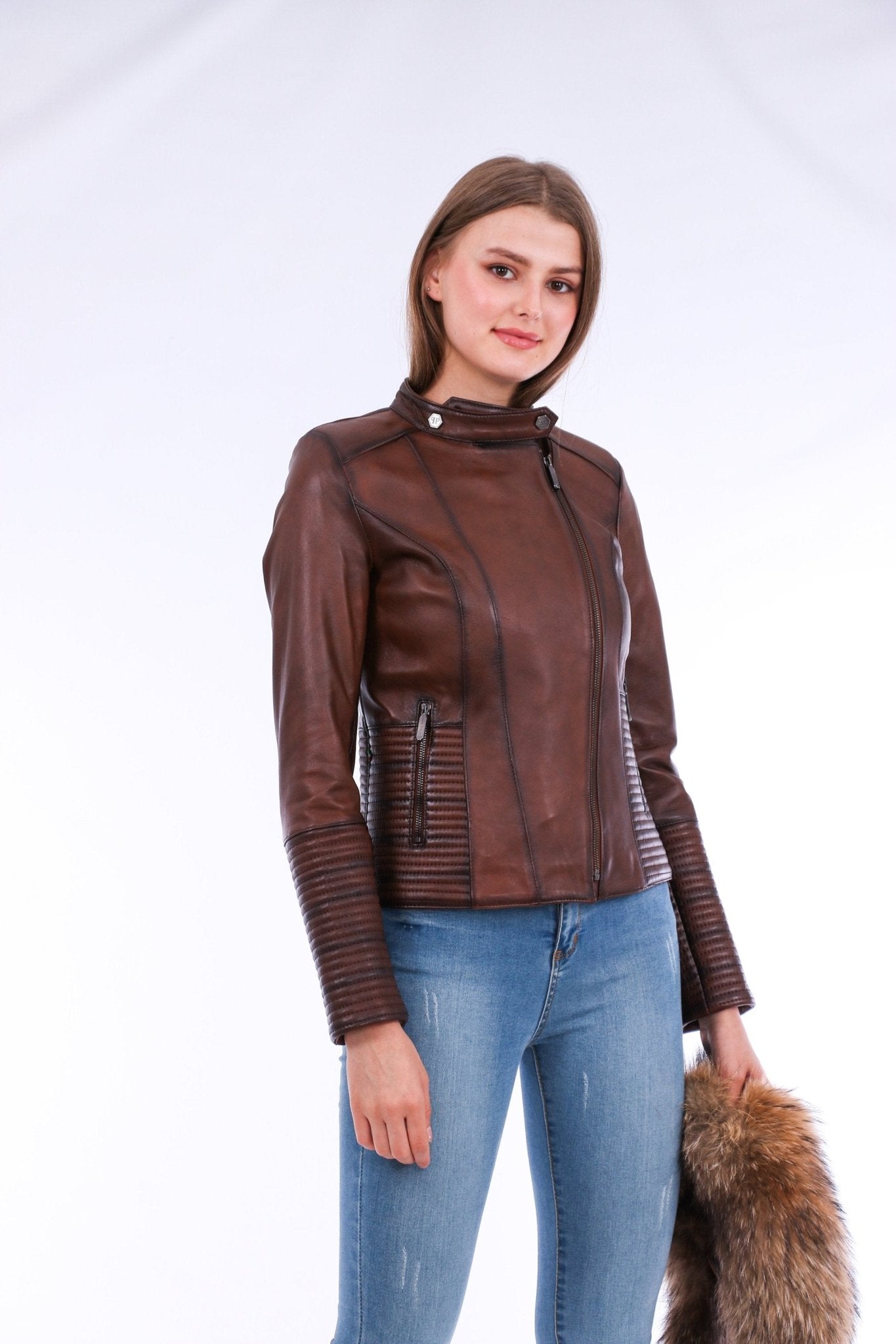 Ravenna Brown Leather Biker Jacket - Premium Nappa Lambskin Women's Motorcycle Jacket - Style Queenz