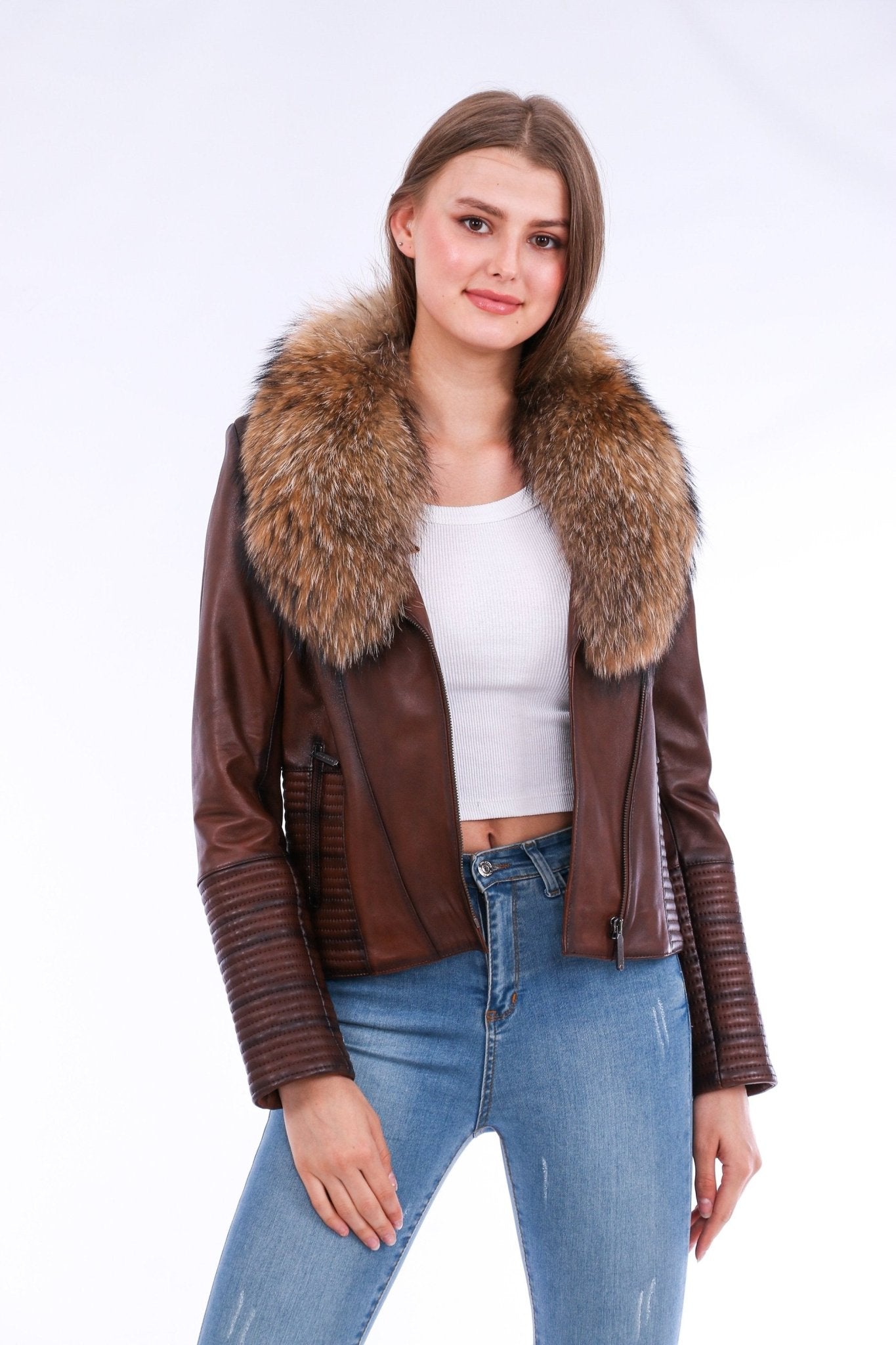 Ravenna Brown Leather Biker Jacket - Premium Nappa Lambskin Women's Motorcycle Jacket - Style Queenz
