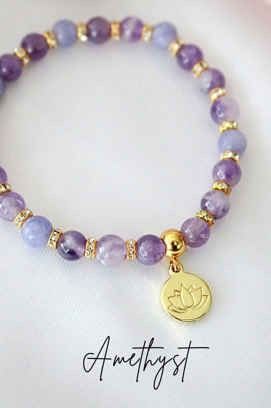 Rose Quartz Amethyst Healing Bracelet with 24K Gold Lotus Charm - Natural Crystal Jewelry - Style Queenz