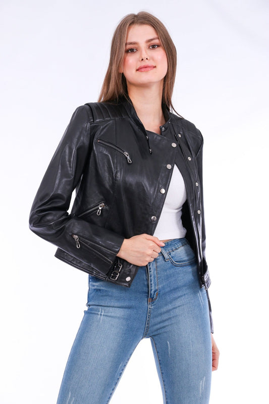 Rovigo Black Leather Biker Jacket - Women's Genuine Nappa Lambskin - Style Queenz
