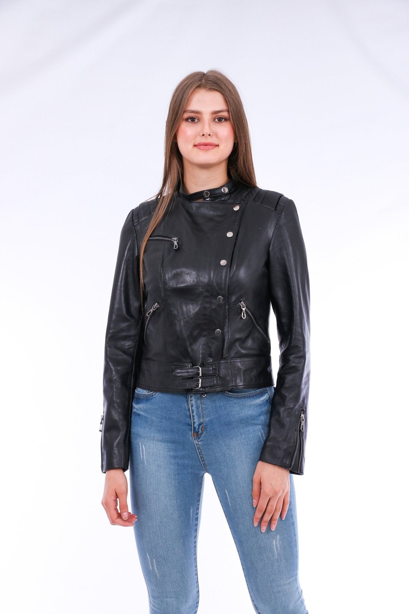 Rovigo Black Leather Biker Jacket - Women's Genuine Nappa Lambskin - Style Queenz
