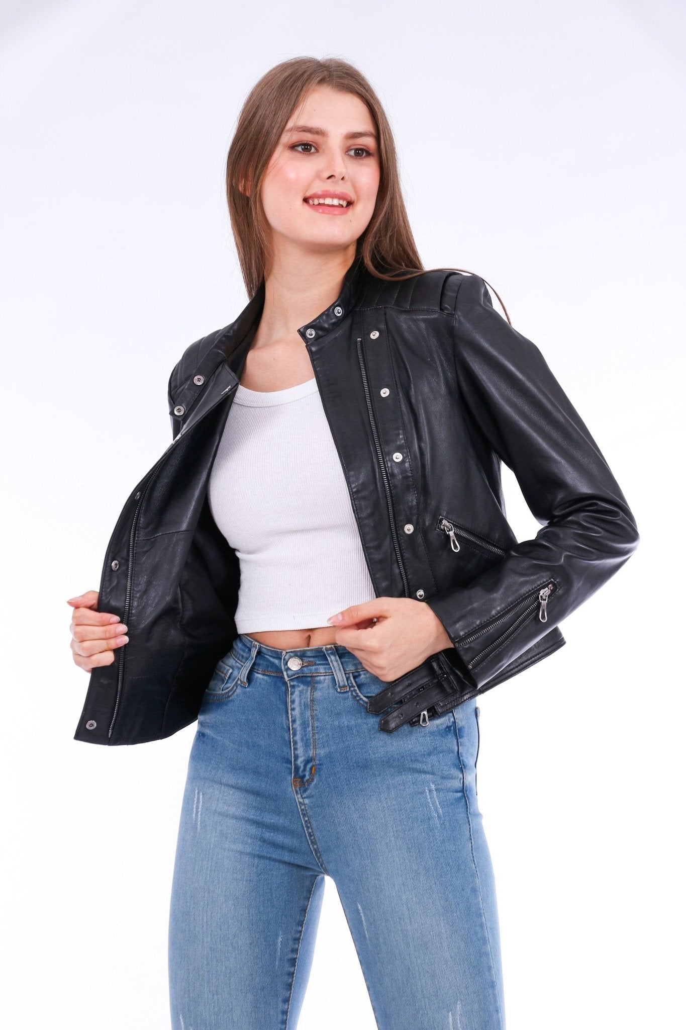 Rovigo Black Leather Biker Jacket - Women's Genuine Nappa Lambskin - Style Queenz