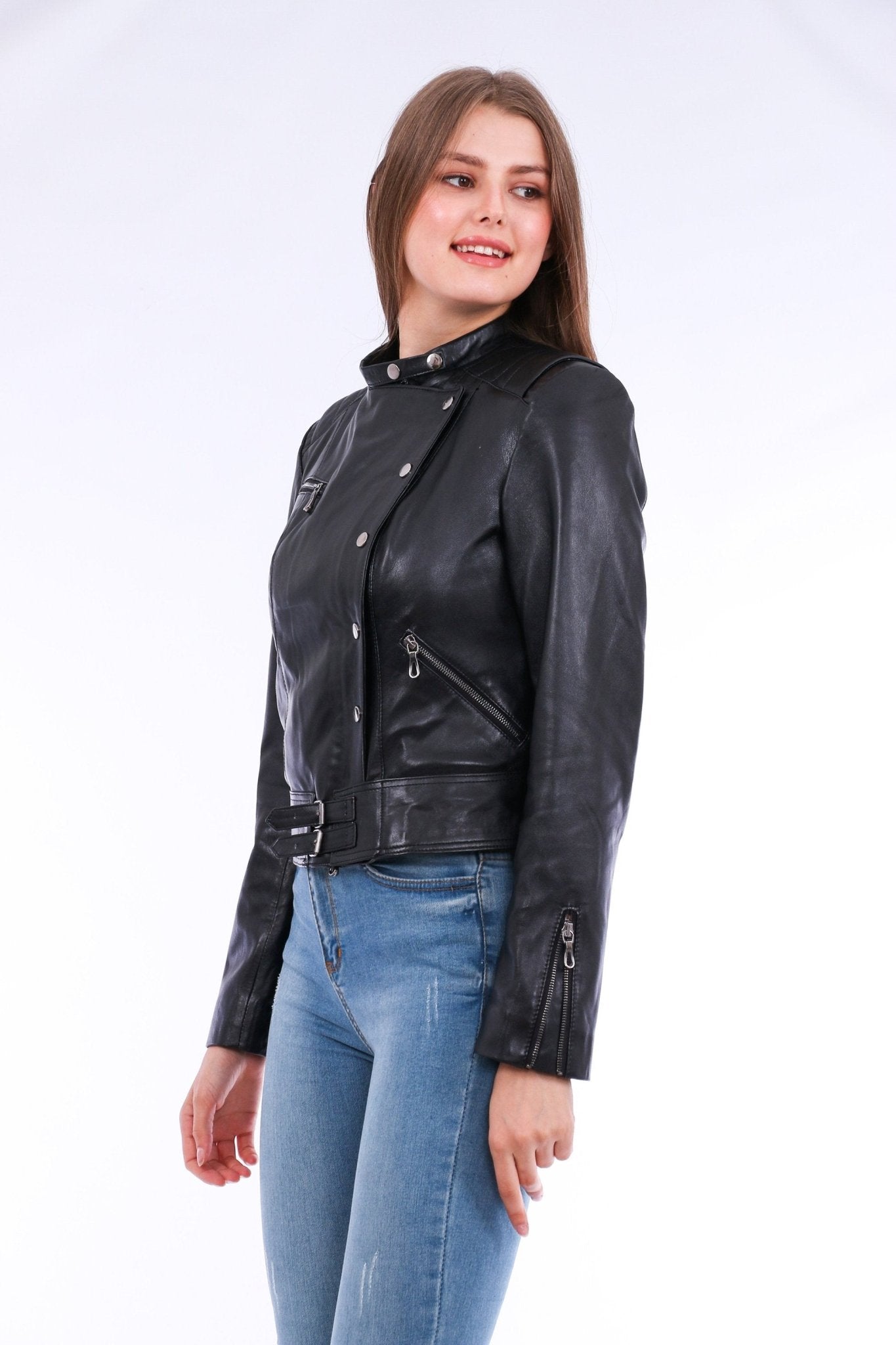 Rovigo Black Leather Biker Jacket - Women's Genuine Nappa Lambskin - Style Queenz
