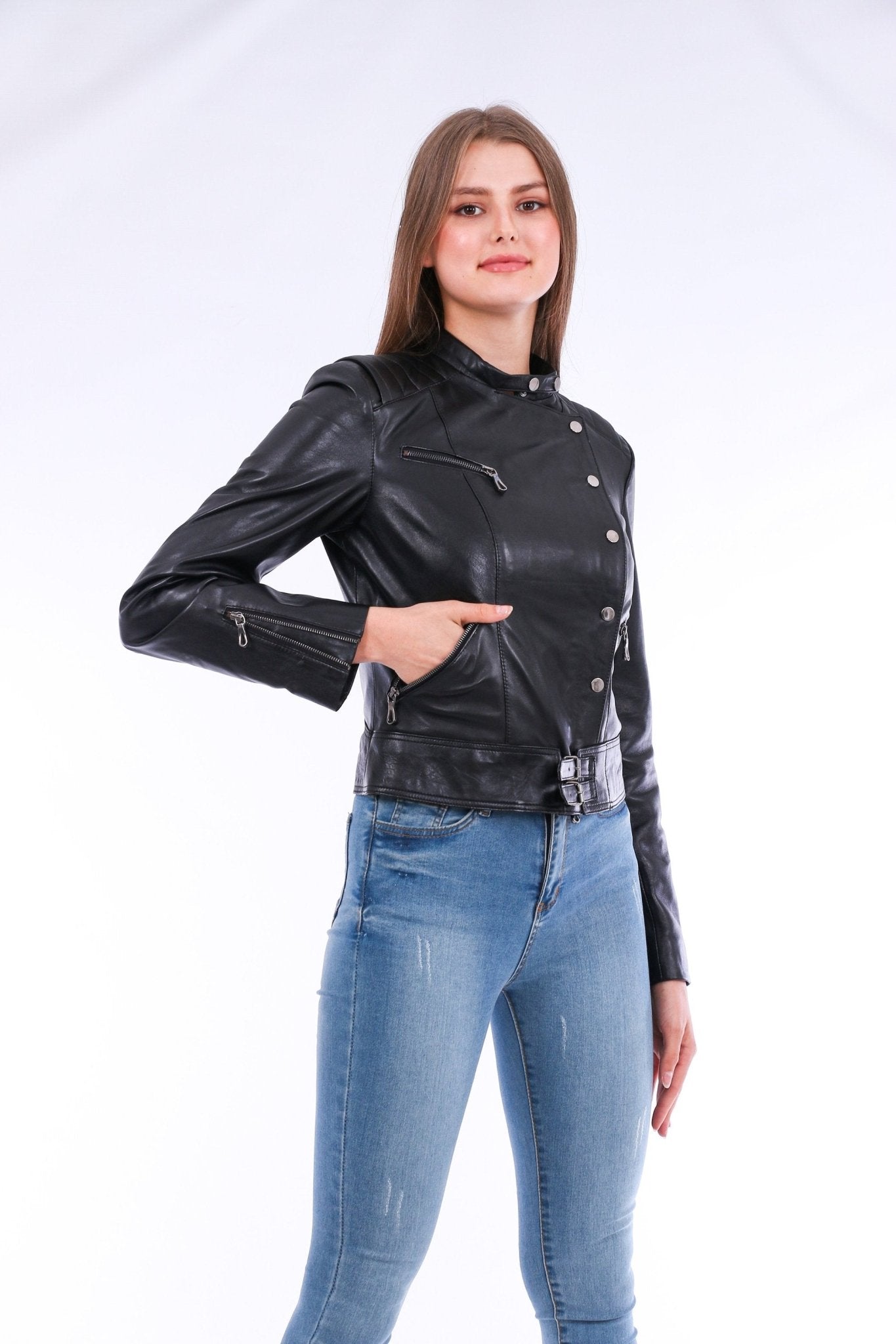 Rovigo Black Leather Biker Jacket - Women's Genuine Nappa Lambskin - Style Queenz