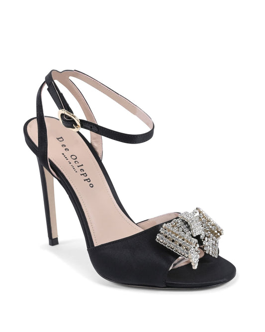 Satin Bow Sandal - Black Italian High Heel with Swarovski Crystal Bow - Style Queenz