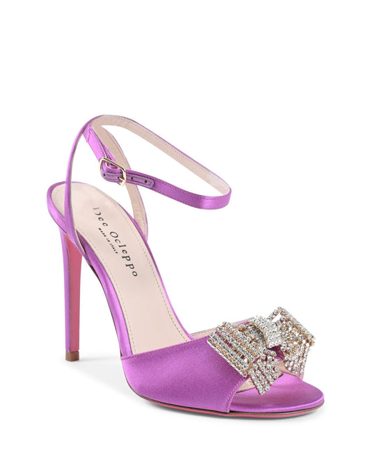 Satin Bow Sandal - Purple Italian High Heel with Swarovski Crystal Bow - Style Queenz