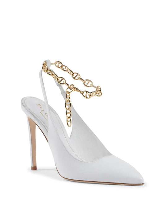 Sophie Pump White Leather Heels - Italian Designer Décolleté 10cm with Gold Chain - Style Queenz
