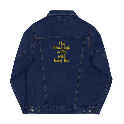 Blue denim jacket with yellow text on the back against a white background