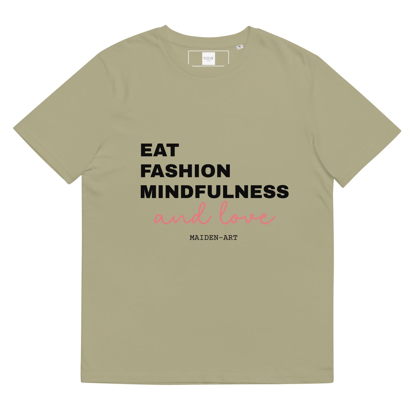Beige t-shirt with black and pink text on a white background