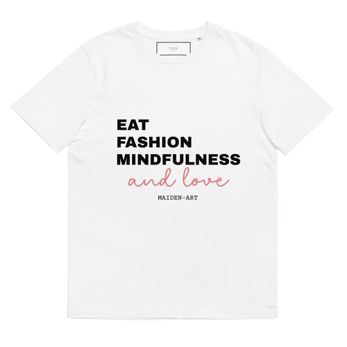White t-shirt with black and pink text on a white background
