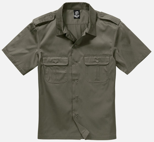 Green short-sleeve shirt with button details on a white background