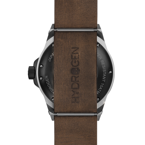 Watch with brown leather strap and 'Hydrogen' branding on a white background
