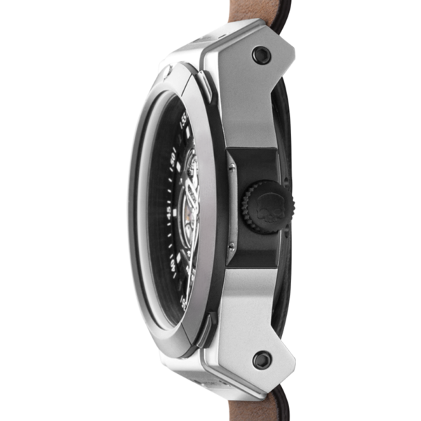 Close-up of a watch with a brown strap and silver case on a white background