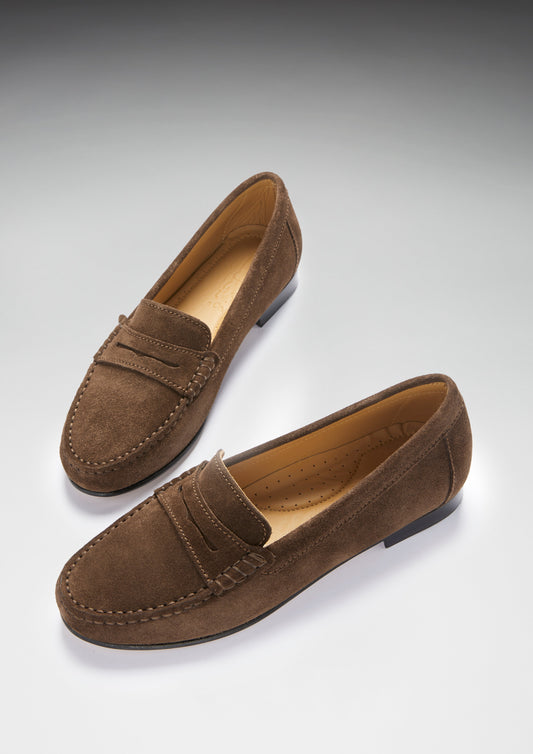 Brown Suede Penny Loafers - Women's Leather Sole