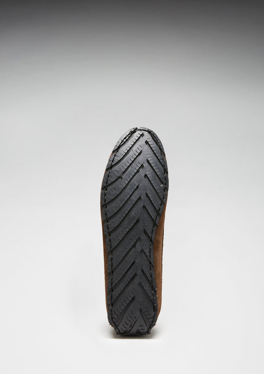 Close-up of a shoe sole with tread pattern on a gray background