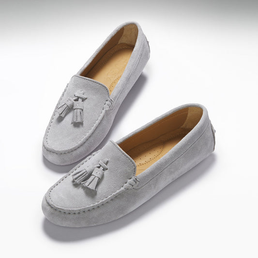 Dove Grey Suede Tasselled Driving Loafers