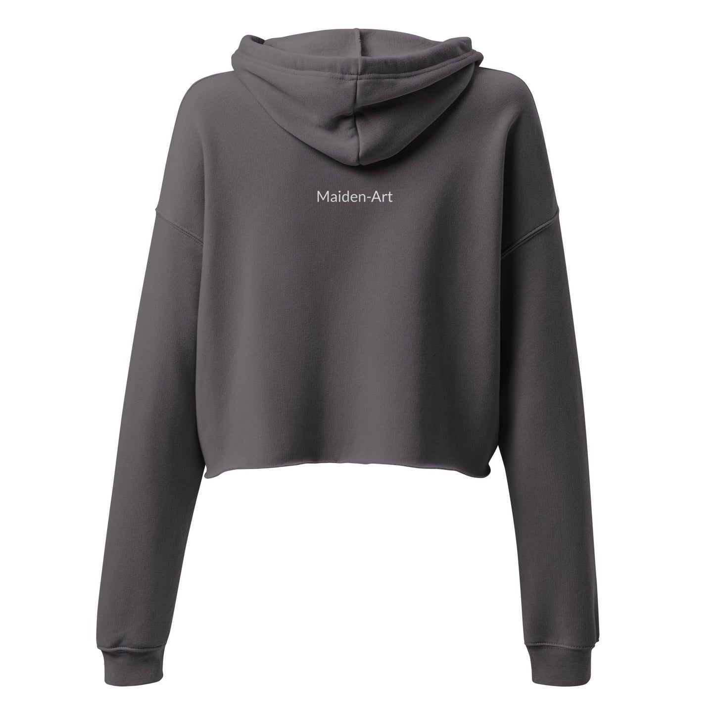 Gray hoodie with 'Maiden-Art' branding on the back against a white background