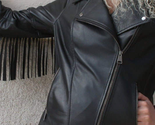 Women's Genuine Black Fringe Leather Motorcycle Jacket - Premium Biker Style - Style Queenz