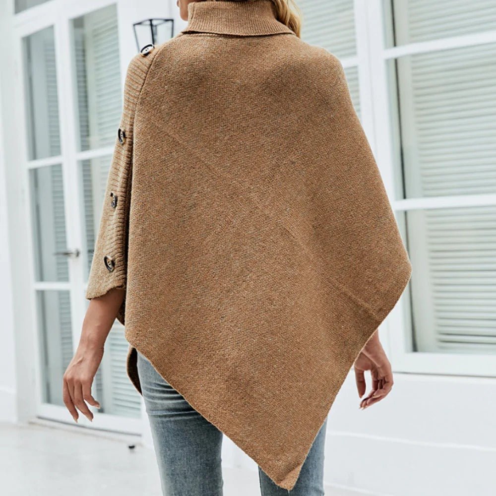 Women's Turtleneck Poncho with Side Button Details - Designer Knitwear - Style Queenz