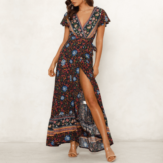 Women's Wrap Style V - Neck Floral Maxi Dress - Summer Beach Dress - Style Queenz