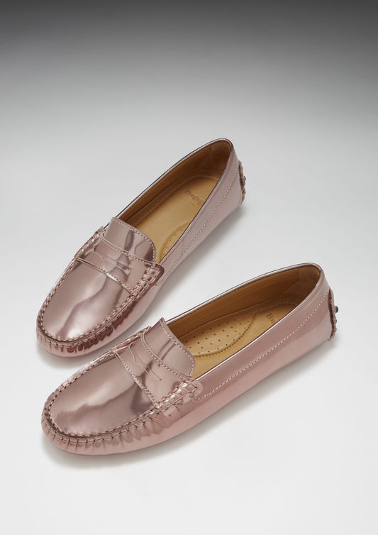 Rose Gold Patent Leather Penny Loafers - Women's