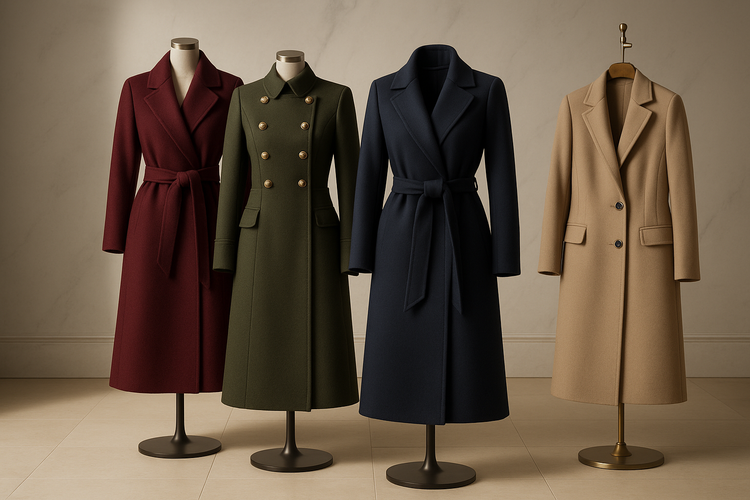 Elegant women's coats and premium outerwear collection featuring sophisticated wool coats and military-style jackets