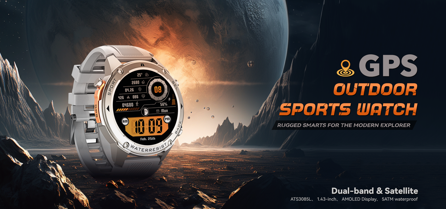 GPS outdoor sports watch with a space-themed background