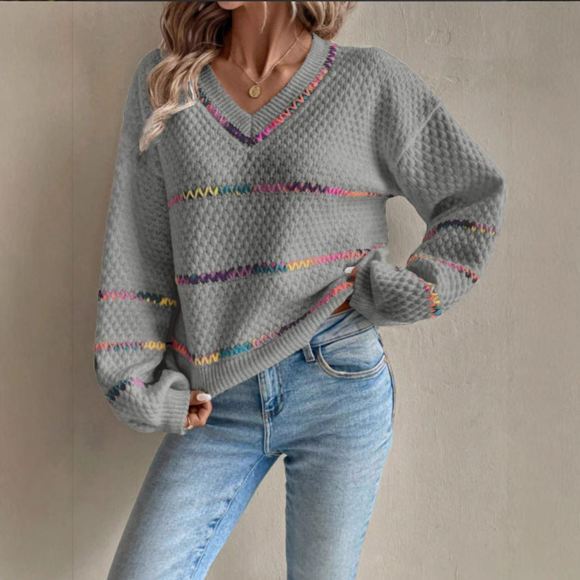 Women's V-Neck Contrast Pullover Sweater