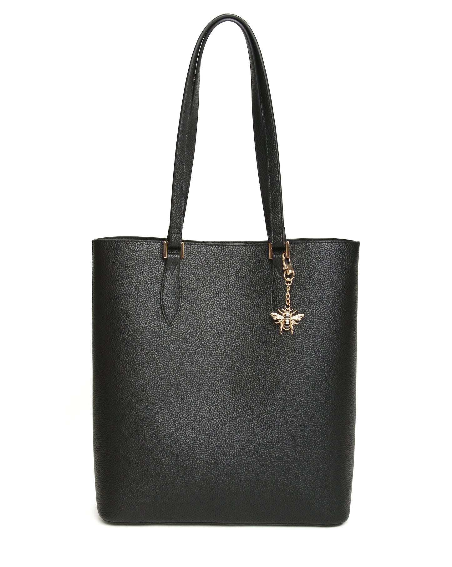 Black tote bag with a gold bee charm on a white background