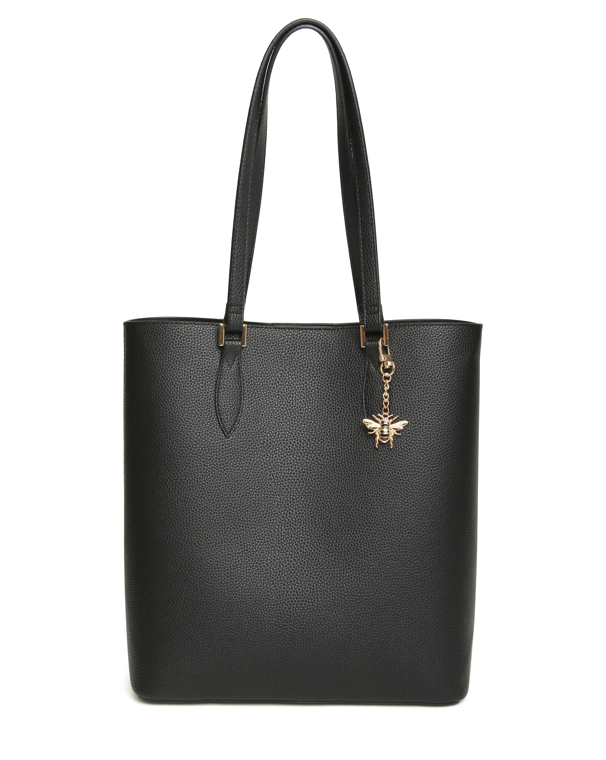 Black tote bag with a gold bee charm on a white background