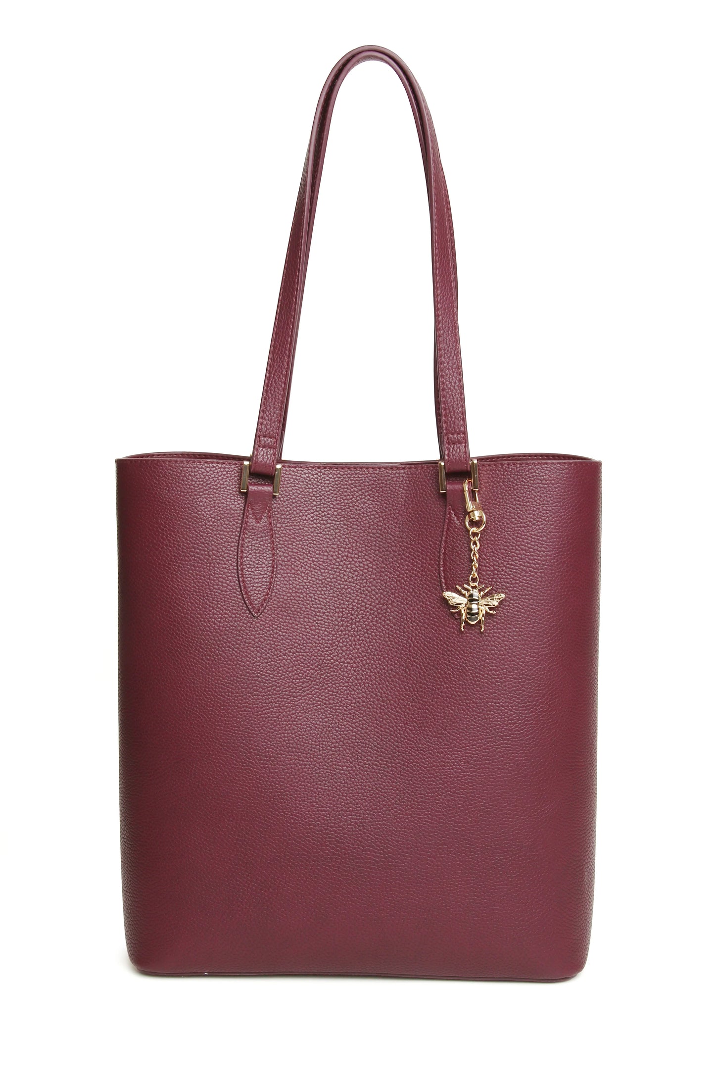 Maroon handbag with a gold charm on a white background