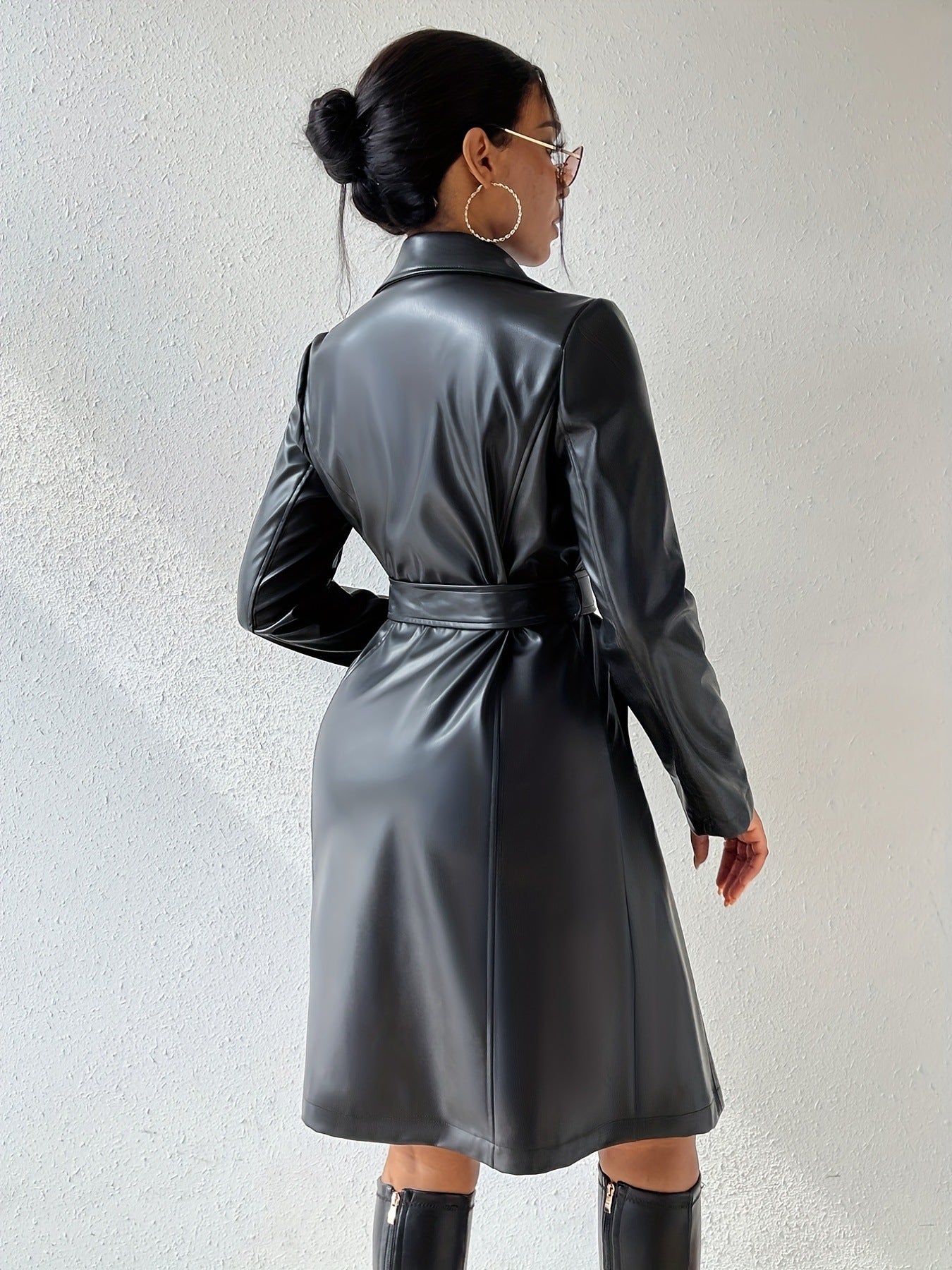 Women's PU Leather Trench Coat with Pockets