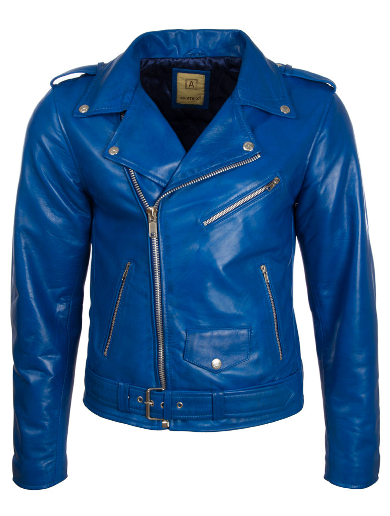 Blue leather jacket with silver zippers on a white background front view